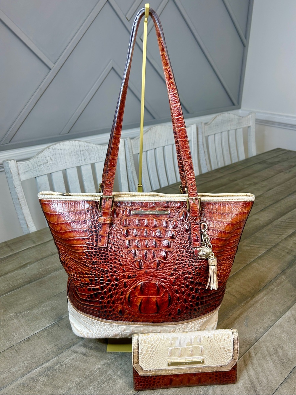 Brahmin Croc Embossed Two Tone Leather Tote Bag & Matching Wallet Set